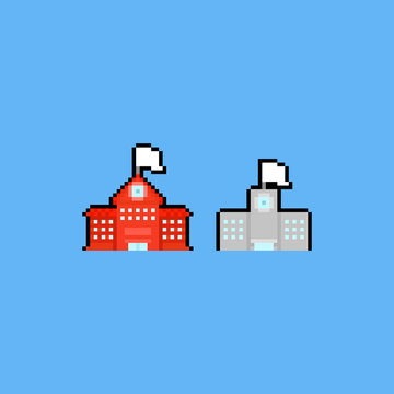 Pixel Art School Building Icon Set.