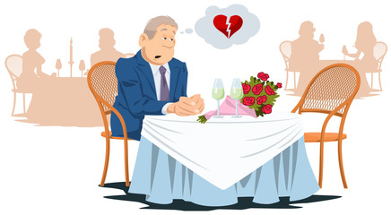 Lonely unhappy man in cafe. Funny people in restaurant.