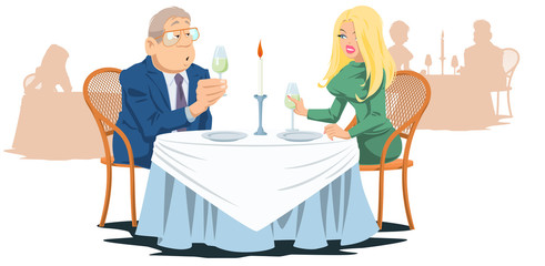 Man and girl in cafe. Funny people in restaurant.