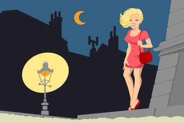 Beautiful girl at crossroads of night city. Vector. Stock illustration.