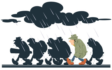 People going in rain. Vector. Stock illustration.