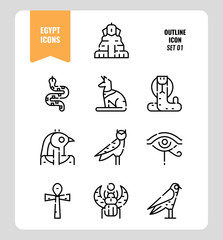 Egypt icon set 1. Include Sphinx, Horus, Ankh, Cobra, owl and more. Outline icons Design. vector