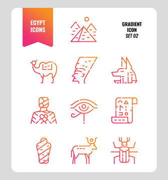 Egypt icon set 2. Include Pyramid, Anubis, god, mummy, camel and more. Gradient icons Design. vector