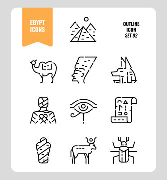 Egypt icon set 2. Include Pyramid, Anubis, god, mummy, camel and more. Outline icons Design. vector