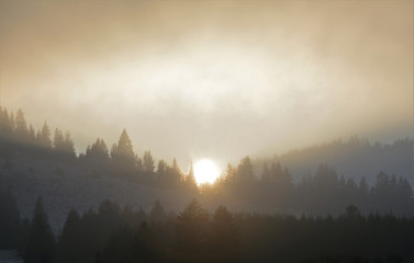 Obraz premium sunrise through the fog in the mountains