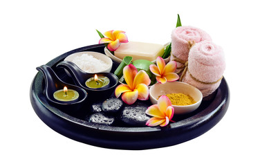 The aromatherapy spa set of Thai massage isolated on white background, selective focus.