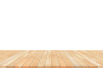 Wood table top isolated on white background. Used for product placement or montage.