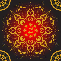 The abstract mandala brush art, draw elephant respect the sun and Thai style line with golden color on gradient red and black color for background, seamless pattern, fabric print, cloth texture.