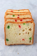 Slices of Pound dry fruit cake or bread. Indian Tutti Frutti bread, selective focus. with copy space