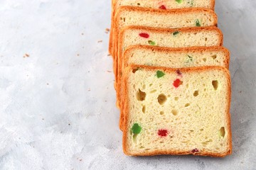 Slices of Pound dry fruit cake or bread. Indian Tutti Frutti bread, selective focus. with copy space