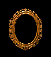 Gold oval frame Elegant vintage interesting design Isolated on black background