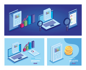 set of laptop with business icons
