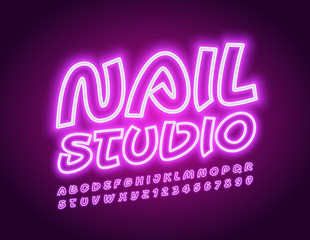 Vector bright Emblem Nail Studio. Glowing Handwritten Font. Neon Alphabet Letters and Numbers. 