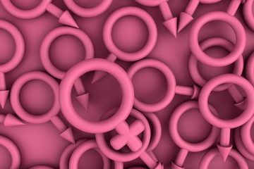 3d rendering of International Women's Day concept with women and men gender symbols. Silver women symbol sign and black men symbol sings on black background. March 8th. copy space. banner.