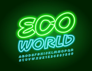 Vector green Neon Emblem Eco World. Electric Uppercase Font. Illuminated Alphabet Letters and Numbers