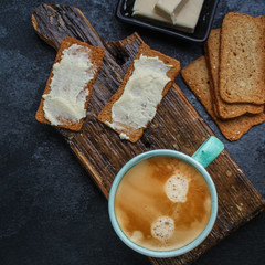  healthy breakfast coffee and sandwich, (delicious snack) menu concept. food background. top view. copy space