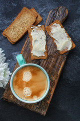  healthy breakfast coffee and sandwich, (delicious snack) menu concept. food background. top view. copy space