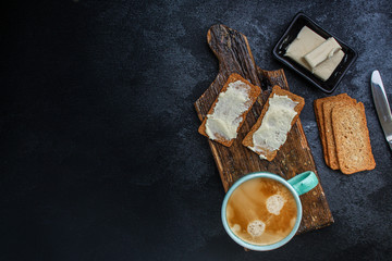  healthy breakfast coffee and sandwich, (delicious snack) menu concept. food background. top view. copy space