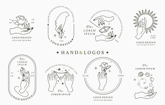 Beauty boho logo collection with hand, rose,crystal,moon,sun,star.Vector illustration for icon,logo,sticker,printable and tattoo
