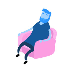 Bearded man sits in an armchair and relax. A person resting. Cartoon design icon. Flat vector illustration. Isolated on white background.