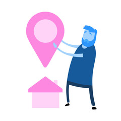 Cartoon man standing by the house with pointer above it. Cartoon design icon. Flat vector illustration. Isolated on white background.