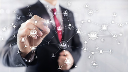 HR human resources management concept corporate organisation structure mixed media double exposure virtual screen.