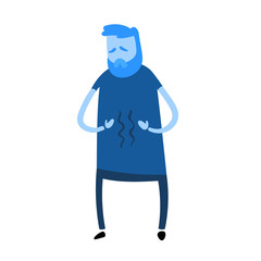 Guy looking down at his stomach growling in hunger pangs. Flat design icon. Colorful flat vector illustration. Isolated on white background.