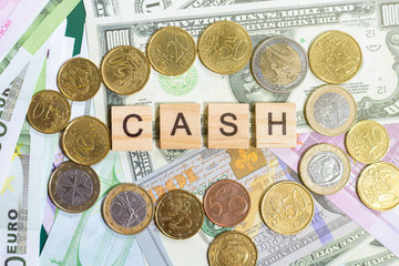 word text cash on the money banknotes background