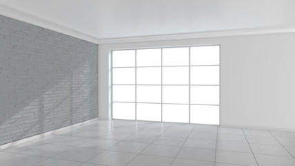 Empty white room with large stained glass windows. 3D rendering.