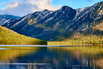 View of the Rakhmanov lake. Katon Karagai National Park. East Kazakhstan region. The Rakhmanovskiye lake is located of 1750 meters above sea level.