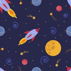 Fototapeta na wymiar Space pattern, vector illustration with stars, rockets, moon, comet