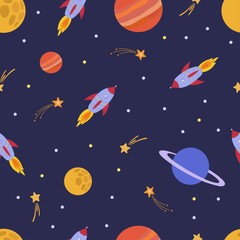 Space seamless pattern, vector illustration with stars, rockets, moon, comet