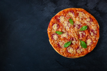 salami pizza with cheese (dough, tomato sauce and other ingredients) menu concept. food background. top view. copy space