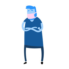 Cartoon guy wearing medical mask for respiratory disease protection. Cartoon design icon. Colorful flat vector illustration. Isolated on white background.