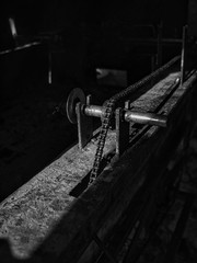 Taking a photo of chain pulley in a black and white tone.