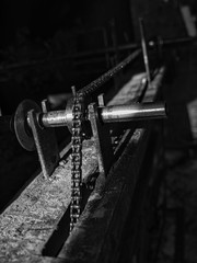 Taking a photo of chain pulley in a black and white tone.