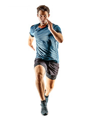 one caucasian runner running jogger jogger young man in studio isolated on white background - 314993373