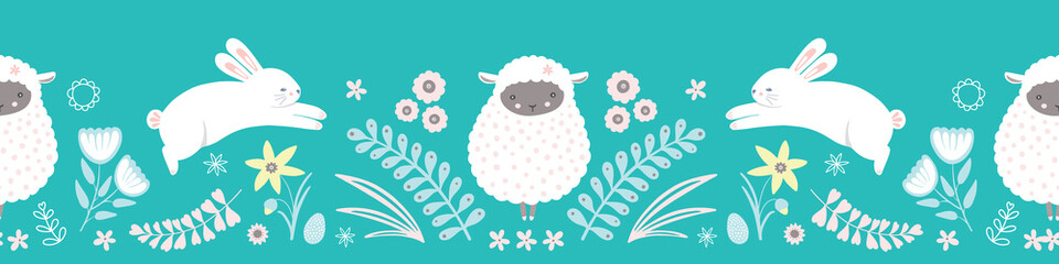 Cotton fabric Easter pattern border. Cute bunny, lamb, egg and floral vector seamless repeat design.