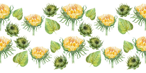 Watercolor border with bright sunflowers, leaves and buds of the plant
