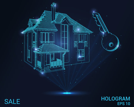 Hologram sale. Holographic projection real estate sale. Flickering energy flux of particles. The scientific design of the house.