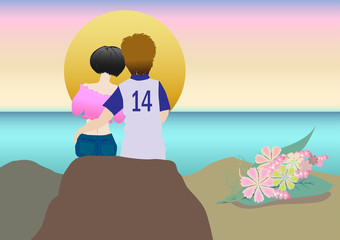 Abstract picture of a lovely couple sitting on the rock by the sea the sky are colorful with sweet pastel color tone.   For valentine's day, wedding card for background