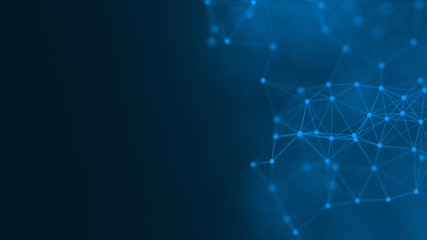 3D rendering abstract futuristic with connection glowing lines and particle on dark blue background, Science, Business, Comunication, Technology concept. Plexus structure. Illustration. copy space