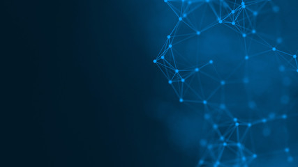 3D rendering abstract futuristic with connection glowing lines and particle on dark blue background, Science, Business, Comunication, Technology concept. Plexus structure. Illustration. copy space