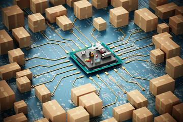 Large group of cardboard boxes connected to microchip. 3D illustration