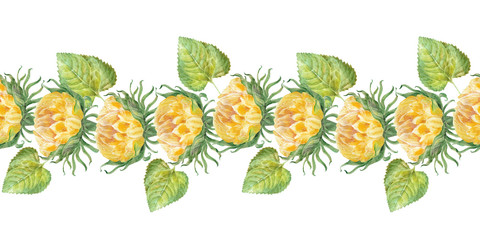 Watercolor border with bright sunflowers, leaves and buds of the plant