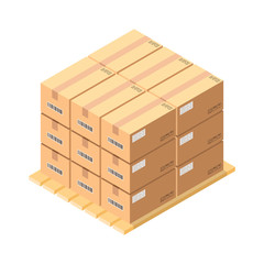 Isometric Cardboard Boxes On Wooden Pallet. Warehouse parts boxes on wood tray. Cargo box. Vector illustration.