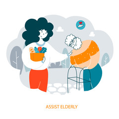 Activist assisting elderly people flat vector illustration