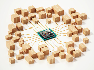 Large group of cardboard boxes connected to microchip. 3D illustration