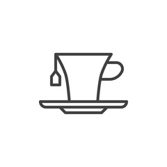 Tea cup with tea bag line icon. linear style sign for mobile concept and web design. Herbal tea cup with saucer outline vector icon. Symbol, logo illustration. Vector graphics