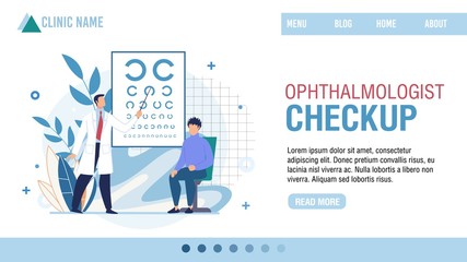 Landing Page Presenting Ophthalmologist Clinic. Professional Optician Checkup. Cartoon Ophthalmologist Testing Patient Eyesight Vision, Eyeglasses Selection. Vector Cartoon Illustration